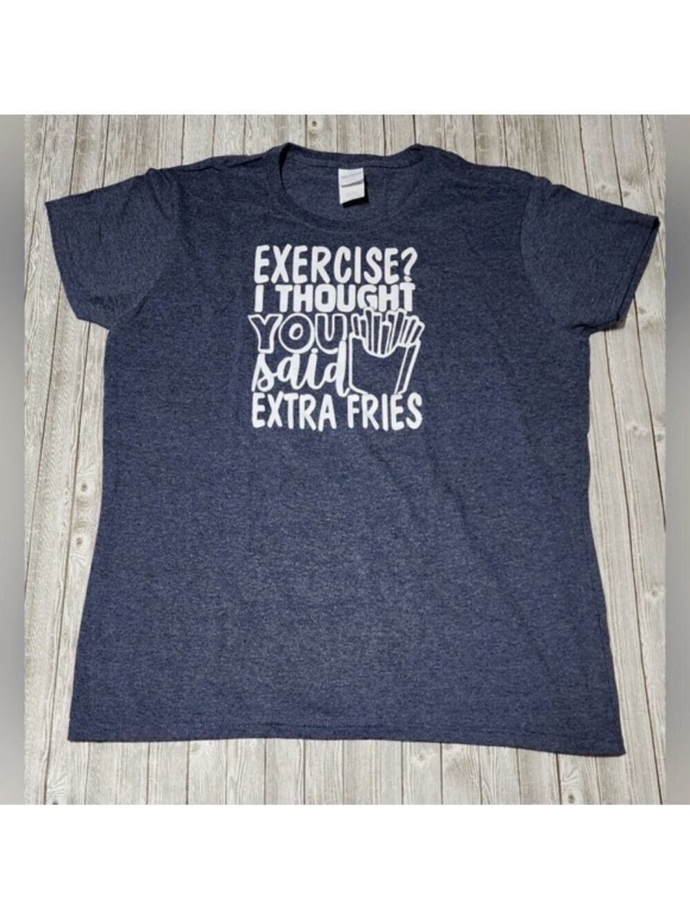 Gildan Women's Heathered Blue Extra Fries Tee Large - New Without Tags - Picture 1 of 2